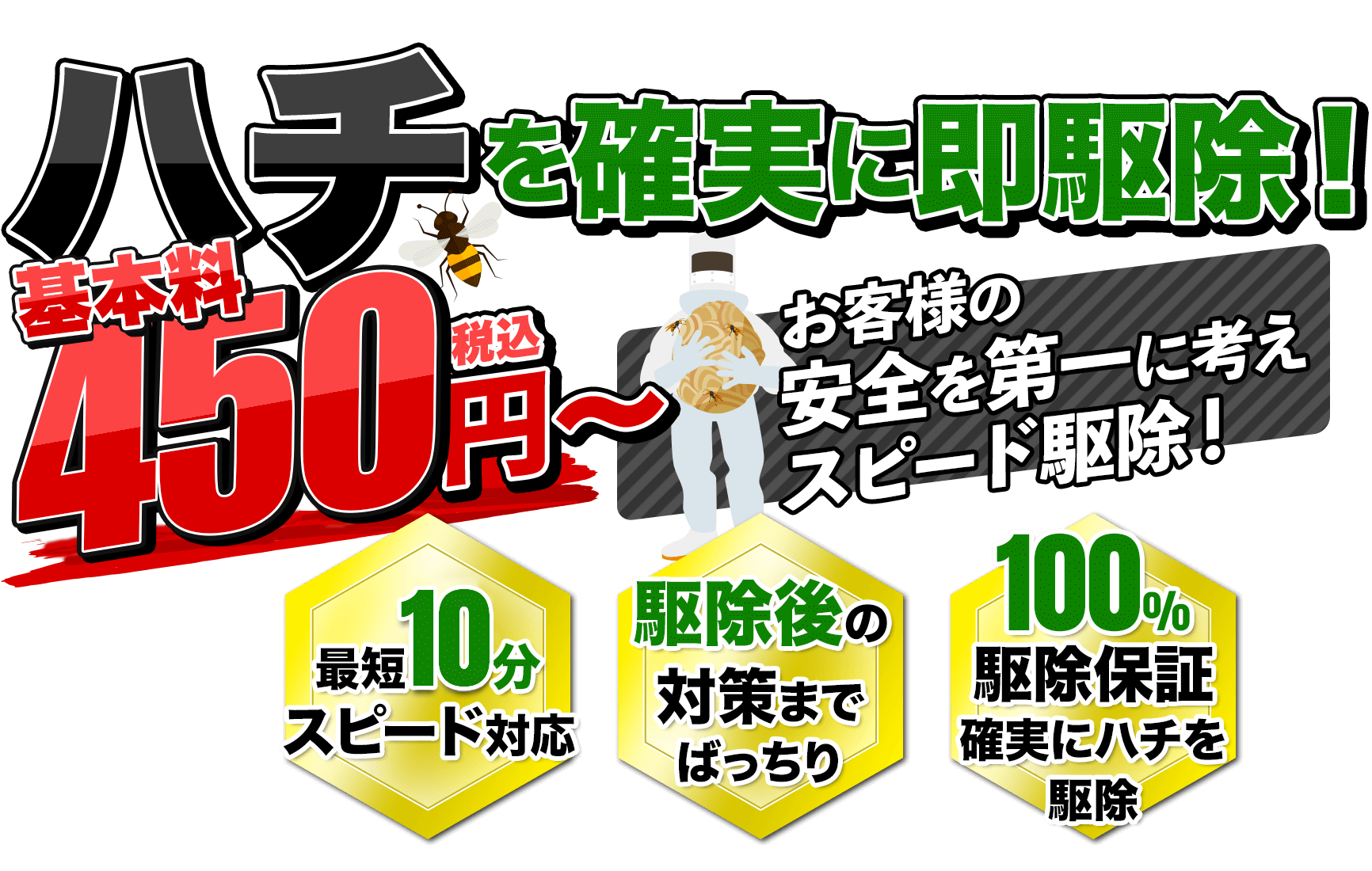 ハチを確実に即駆除！基本料450円～